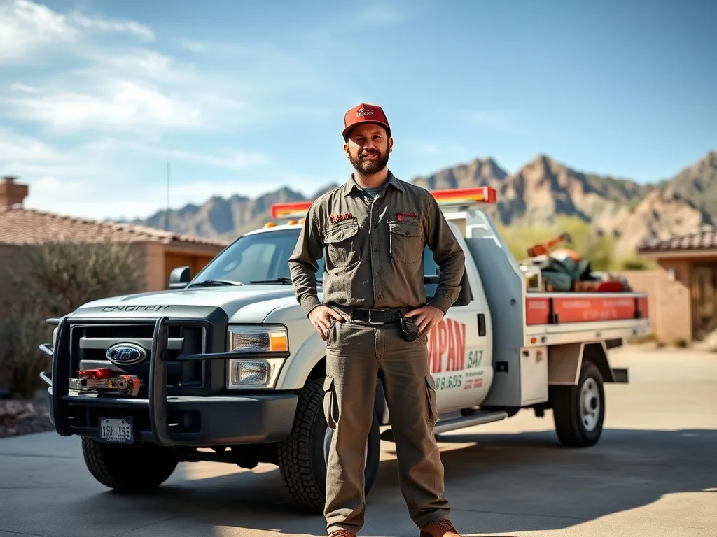 Concrete contractor with tools beside a work truck in a Southern Arizona neighborhood