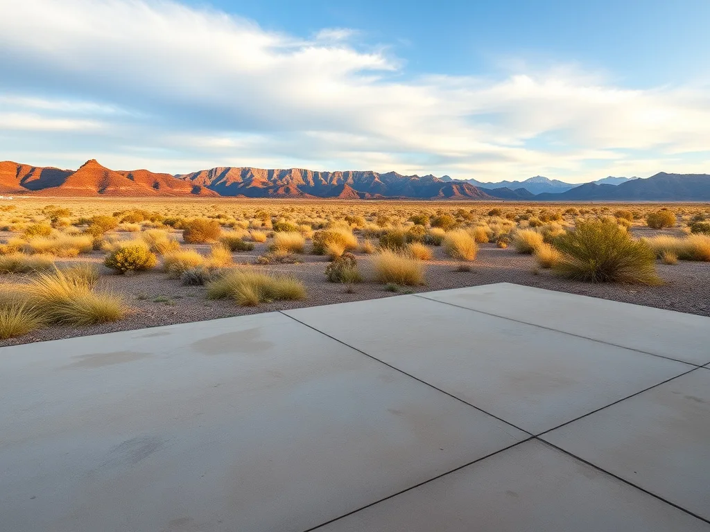 Concrete patio slab in Sierra Vista, Arizona with high-desert grassland and mountains in the background