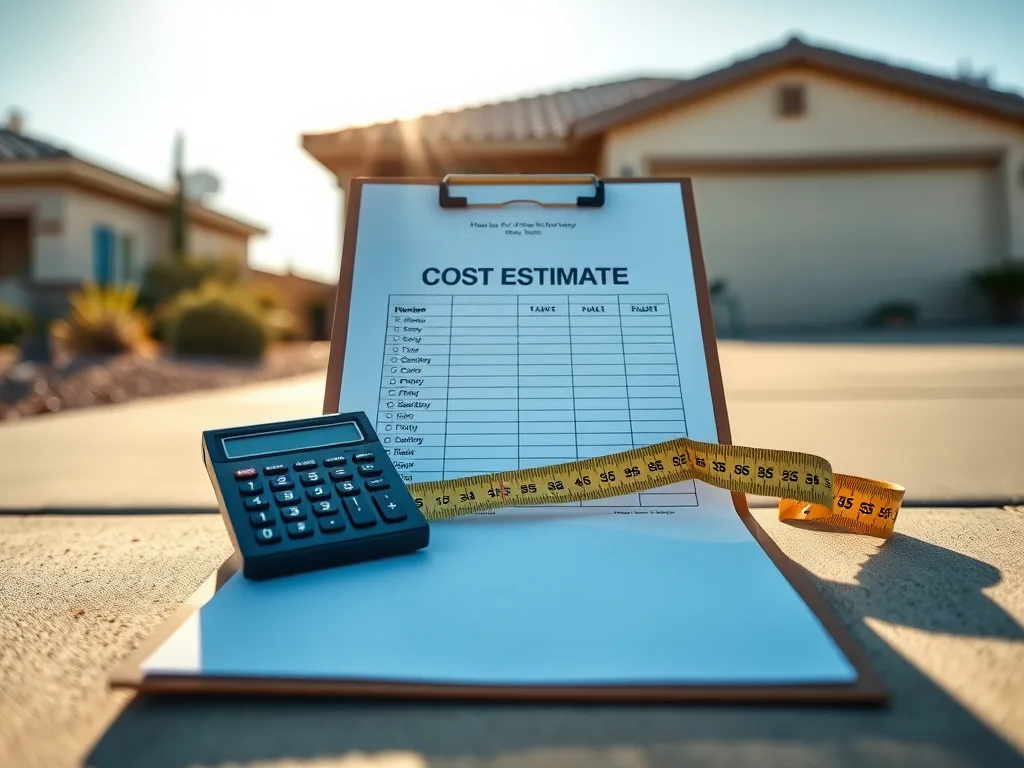 Cost estimate worksheet and measuring tape on a Tucson concrete driveway
