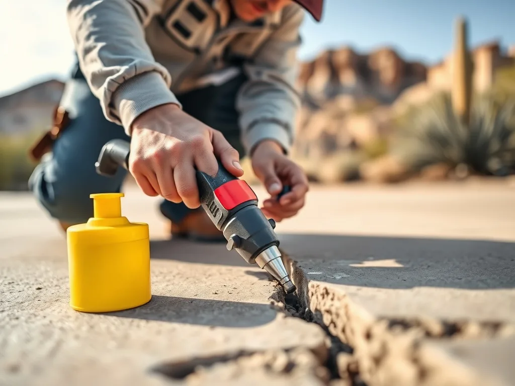 Technician routing and sealing a crack in a concrete driveway slab in Southern Arizona