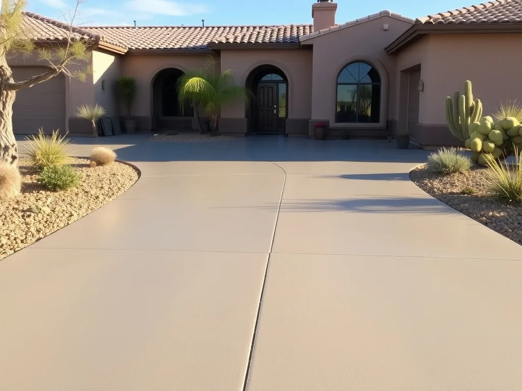 Freshly resurfaced concrete driveway overlay in front of a Tucson home with desert landscaping