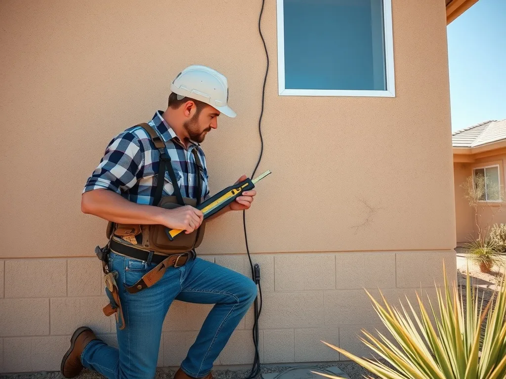 Technician inspecting a foundation crack on a Southern Arizona home's stem wall