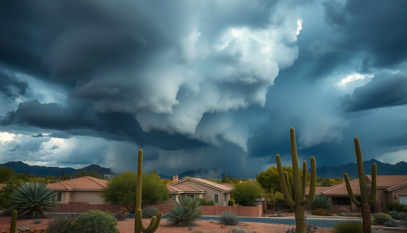 Monsoon storm clouds over a Southern Arizona neighborhood with desert landscaping