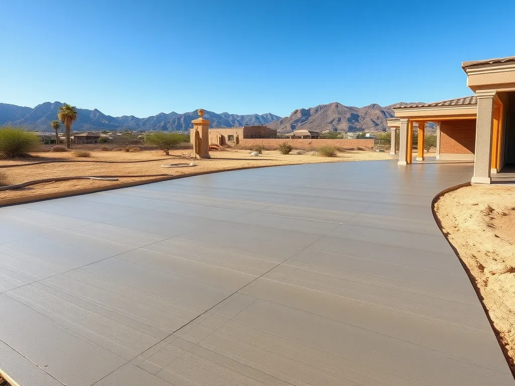 Freshly poured and finished concrete driveway slab at a new Southern Arizona home