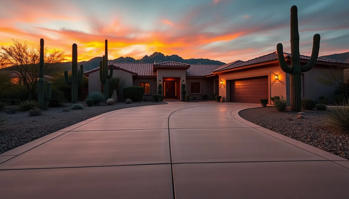 Level concrete driveway in a Southern Arizona neighborhood with desert landscaping
