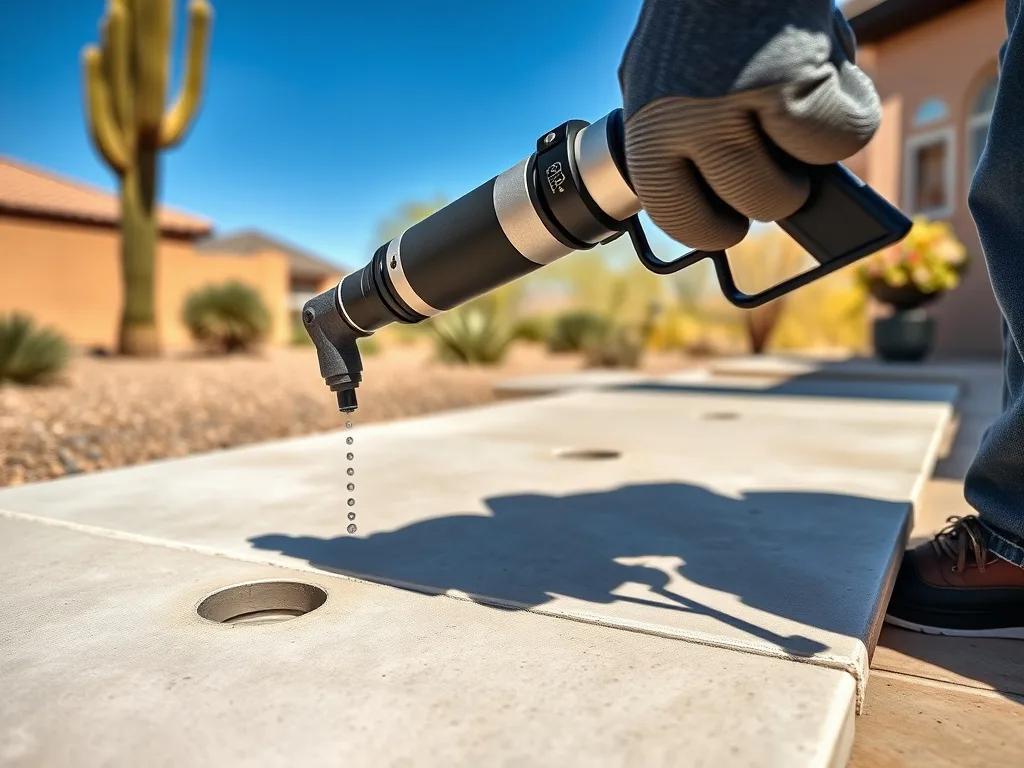 Close-up of polyurethane foam injection equipment lifting a concrete patio slab in Tucson