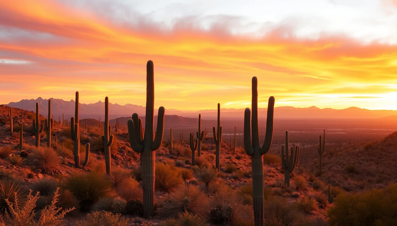 Saguaro-dotted Sonoran Desert landscape near Tucson at golden hour