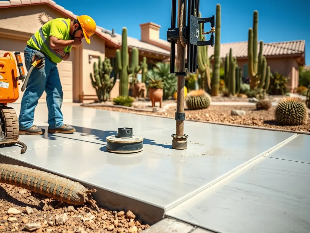 Technician mudjacking a sunken concrete driveway slab outside a Tucson home