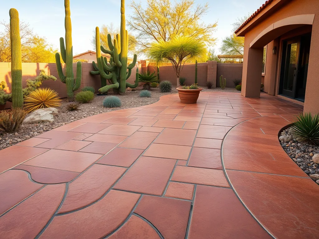 Stamped and colored concrete patio with a flagstone pattern in a Southern Arizona backyard with desert landscaping